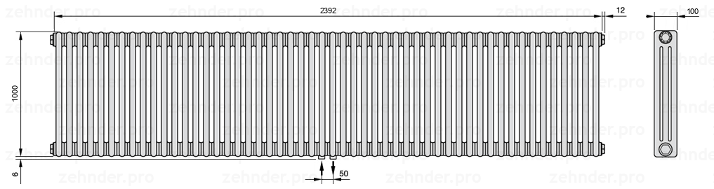 Схема (чертеж) Радиатор Zehnder Charleston 3100/52 №3470 Белый глянцевый RAL 9016